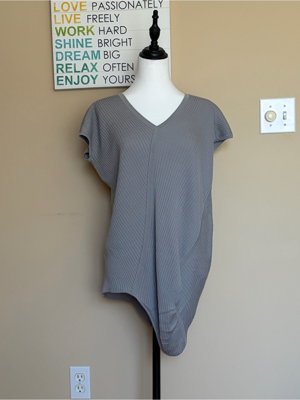 Calvin Klein Asymmetric Ribbed Mercerized Cotton V-Neck Tunic - Gray